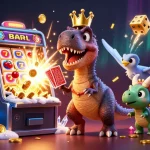DABET showcases a fun 3D illustration of a T-Rex with cards, a pterodactyl helper, and a baby triceratops in a vibrant casino setting.